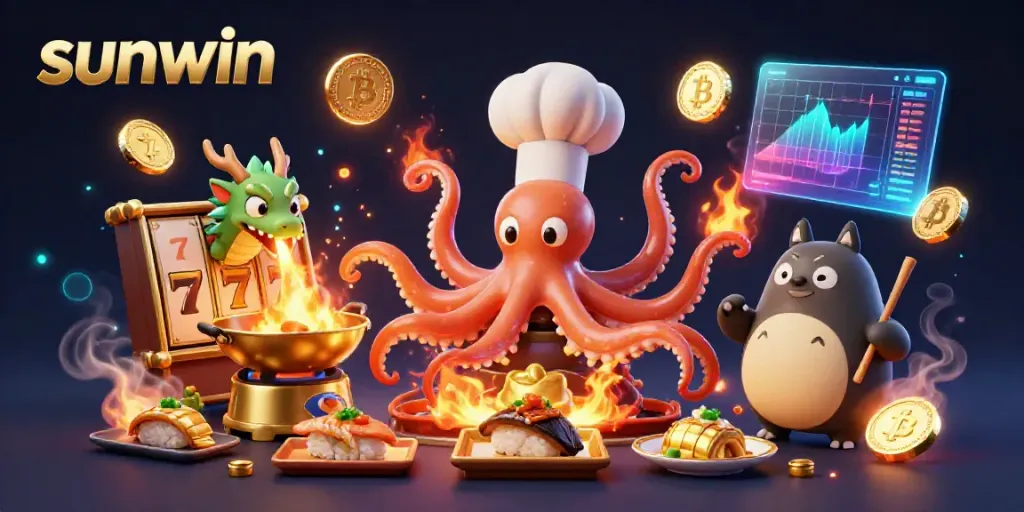 Experience thrilling wins at sunwin with a dynamic 3D scene featuring an octopus chef, dragon, and slot games.