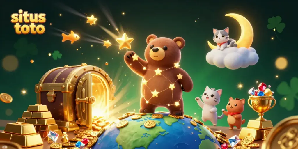 Win big with situs toto's vibrant 3D illustration of a constellation bear and treasures.