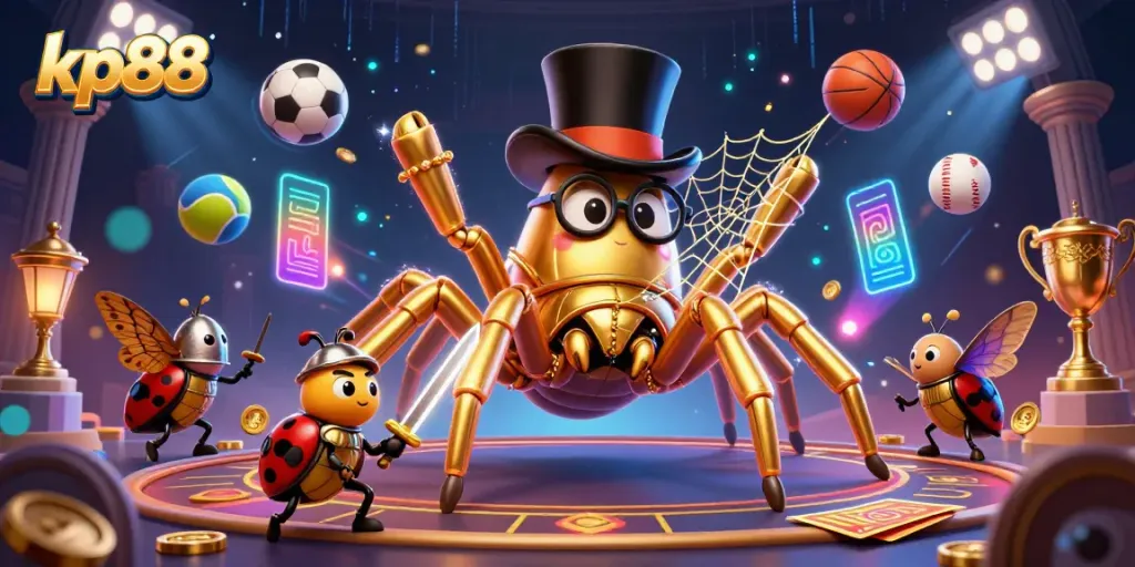 Experience the excitement of kp88 as a golden tarantula weaves its magical web in a dynamic casino scene.