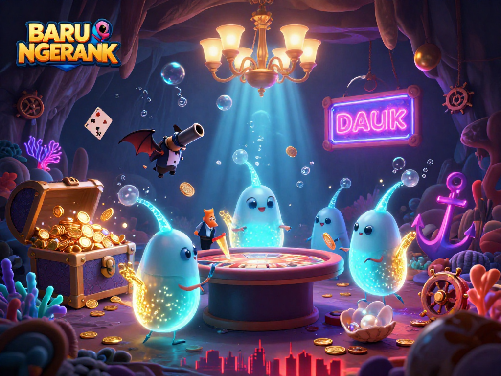 Experience BARU NGERANK with glowworms illuminating a vibrant cave casino filled with treasure and gaming excitement.