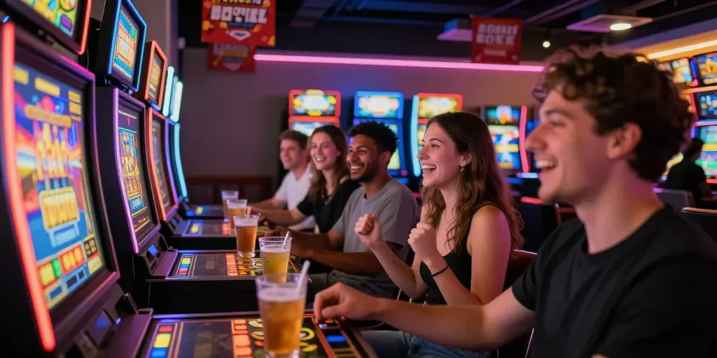 Friends enjoying slot machines in a vibrant gaming lounge atmosphere.