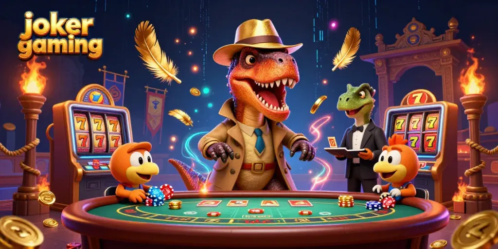 การเล่นเกม joker gaming ด้วยการ์ตูนไดโนเสาร์ที่เล่นแบล็คแจ็คและคอมพีที่ขโมยชิปในคาสิโนออนไลน์