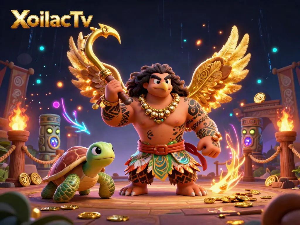 XoilacTv brings excitement with a dynamic scene featuring a Maui-style demigod and vibrant casino elements.