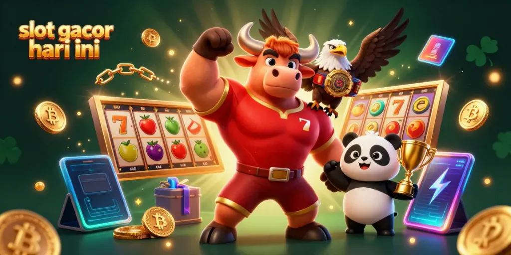 Slot gacor hari ini, kemenangan besar dengan simbol slot dan karakter ceria, pengalaman judi yang menyenangkan.