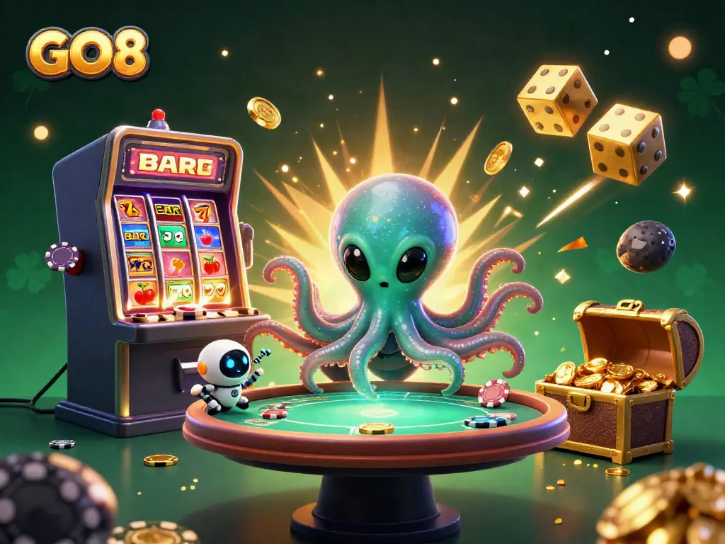 Experience thrilling GO8 action with animated characters at a holographic casino.