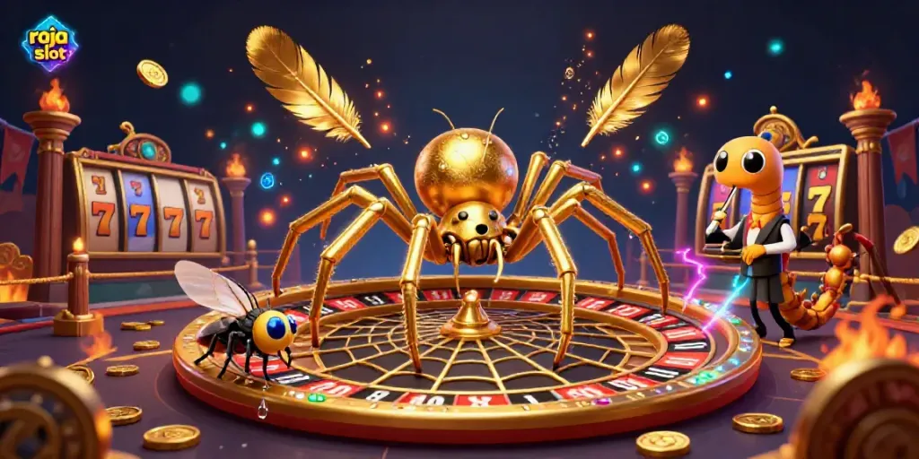Slot mesin raja slot berputar dengan ilustrasi labah-labah emas dan petugas centipede.
