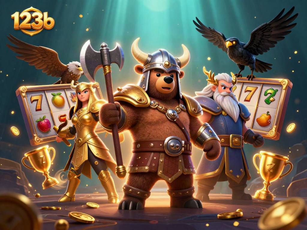Engage with thrilling slots action featuring 123b's Viking berserker and golden armor characters.