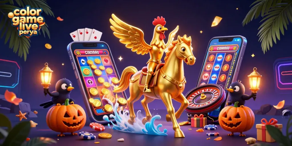 Engage in the color game live perya with a vibrant casino scene featuring dynamic characters and game elements.