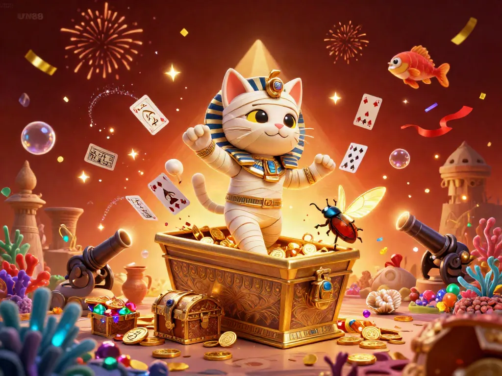 Experience UY88's thrilling casino adventure with a mummy cat, golden treasures, and vibrant gaming elements!