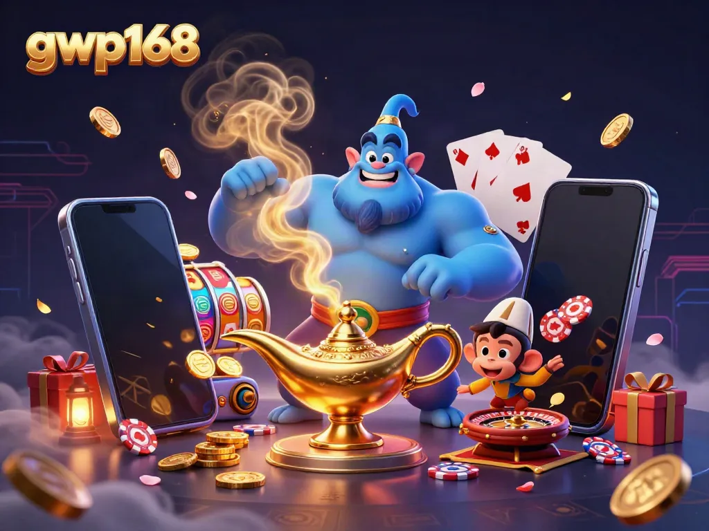 Permainan slot terbaik di gwp168 dengan jin dari lampu ajaib dan karakter lucu.