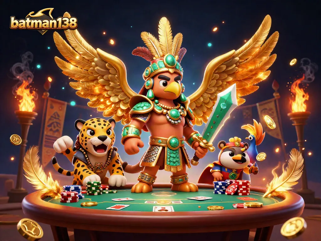 Join batman138 for thrilling poker action with warriors amidst golden coins and vibrant energies.