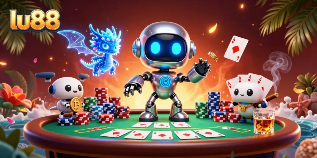 Engage with lu88 in a vibrant 3D casino scene featuring a cyberpunk robot, AI dragon, and poker elements.