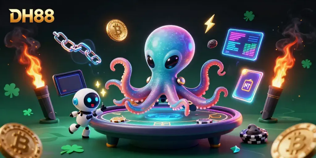 Engaging DH88 online casino scene with a vibrant alien octopus and robot amidst floating poker chips and cryptocurrency elements.