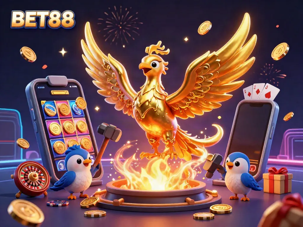Hình ảnh BET88 mô tả một chim phượng hoàng vàng 3D độc đáo, mang đến trải nghiệm cá cược hấp dẫn.