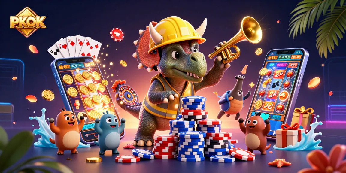 Engage with PKOK's vibrant online gaming scene featuring triceratops and parasaurolophus in celebration.