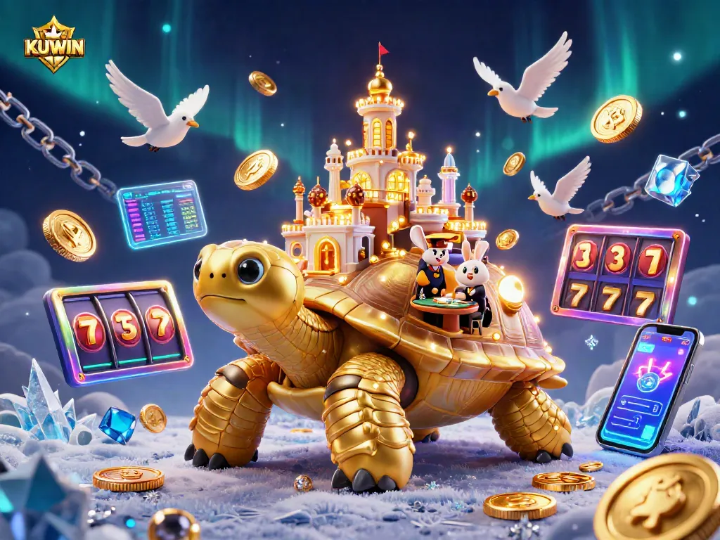 Engage in thrilling gaming on KUWIN with a vibrant casino illustration featuring a tortoise and dazzling slot elements.