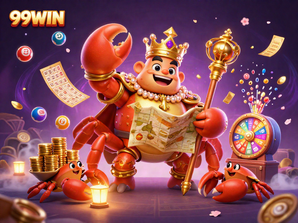 Experience thrilling gameplay at 99WIN with a vibrant lottery and treasure-themed character scene.