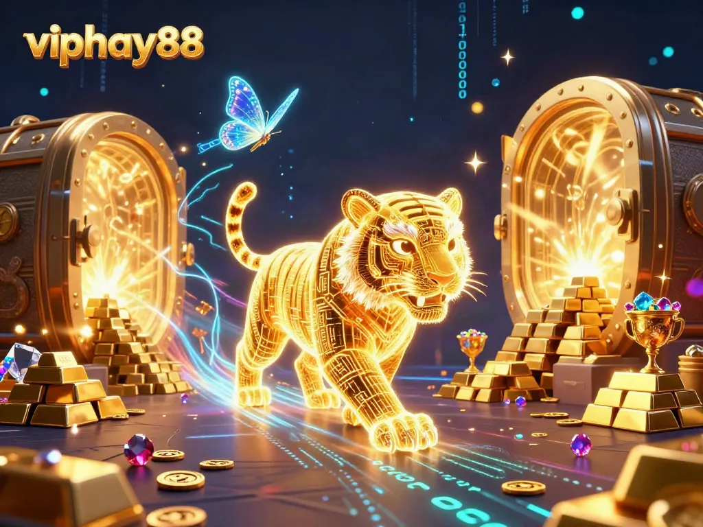 Experience the thrill of viphay88 with a neon-wireframe golden tiger in a vibrant casino landscape.