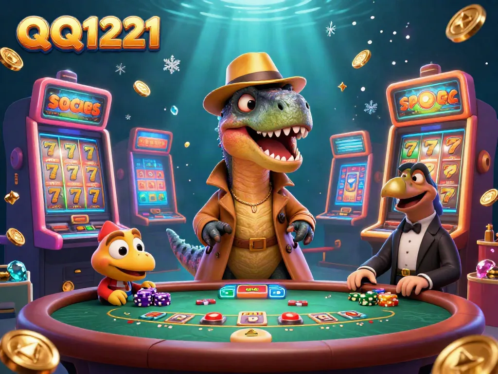 Experience thrilling QQ1221 gameplay with a velociraptor card counter and stegosaurus pit boss in this dynamic casino scene.
