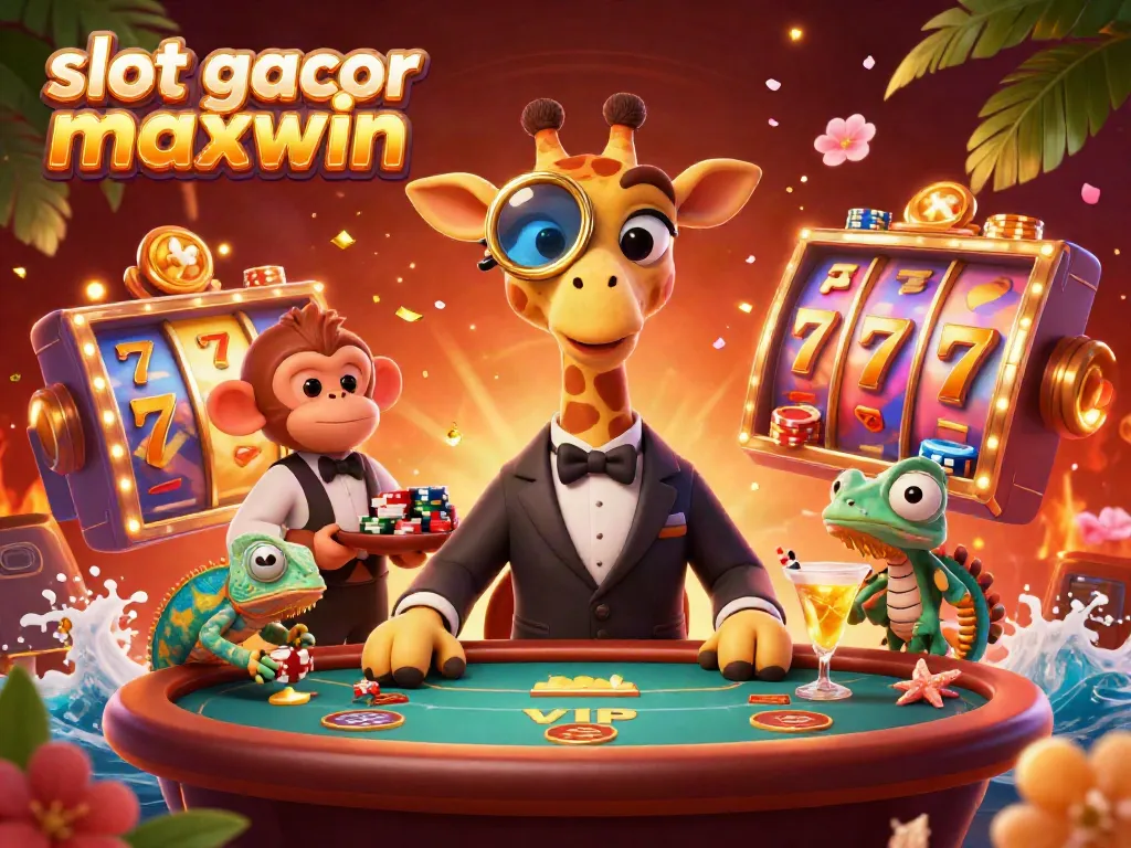 Menggandeng slot gacor maxwin, ilustrasi 3D menunjukkan pengg giraffe berkelas di meja poker VIP dengan valet monyet.