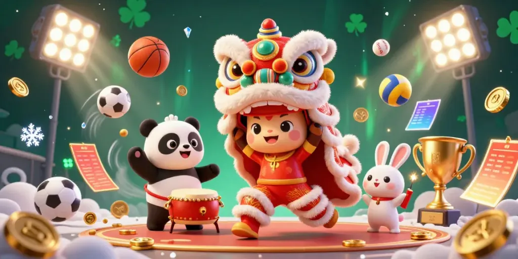 Experience jonitogel with a festive 3D illustration of a lion dance, drumming panda, and sporting elements for dynamic betting.