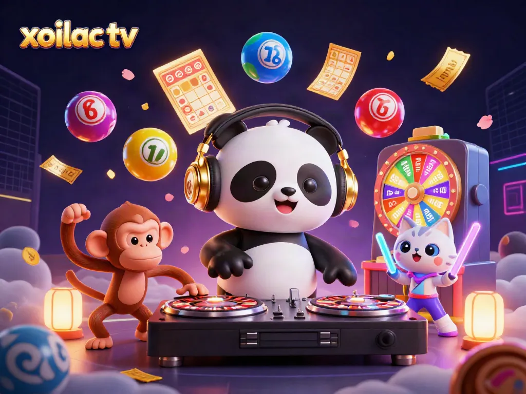 Experience the excitement of xoilac tv with a lively 3D illustration of a DJ panda, dancing monkey, and festive kitten.