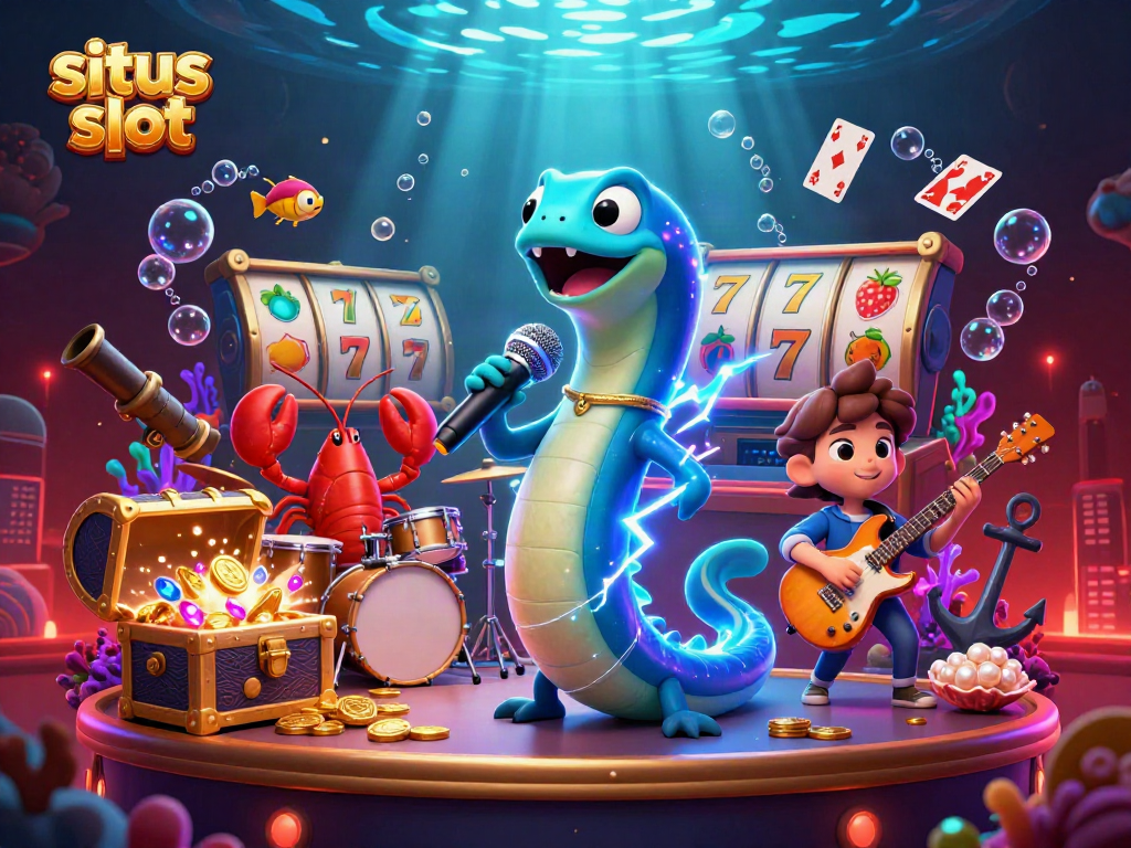 Situs slot illustration featuring a DJ electric eel, lobster drummer, and seahorse guitarist in an underwater casino.