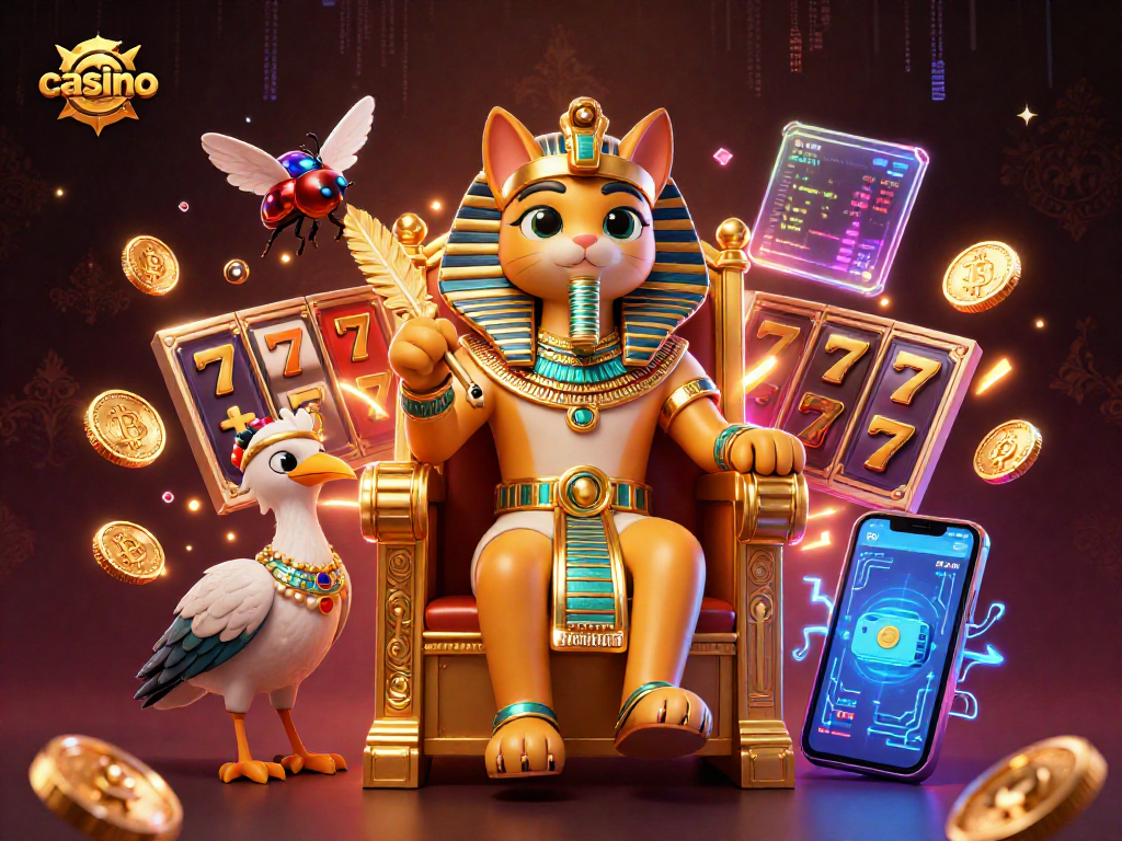 Engage in casino excitement with pharaoh-themed slot elements and glowing cryptocurrency coins.