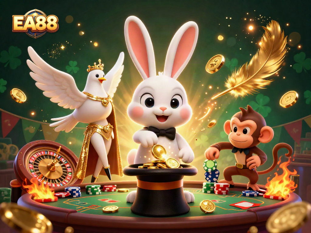 EA88 magician rabbit gathering coins in a vibrant casino scene with poker chips around
