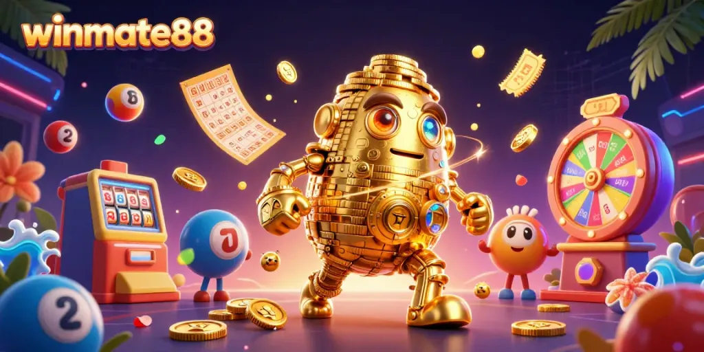 Engage with winmate88's vibrant scene featuring a golden golem surrounded by dynamic lottery elements and casino excitement.