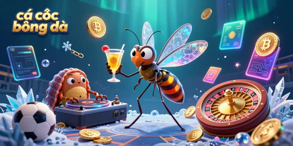 Cá cược bóng đá scene with a frozen-in-amber mosquito mascot, trilobite DJ, and spiral roulette wheel.