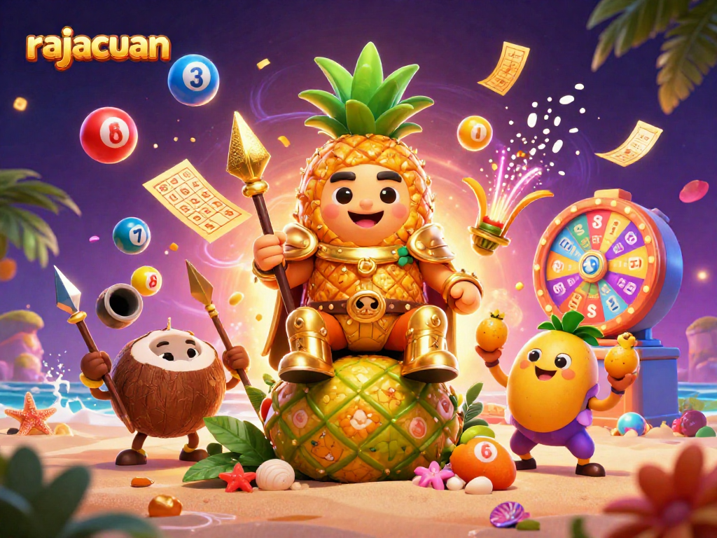 Join the fun at rajacuan with the golden pineapple king and colorful lottery elements in a vibrant beach casino.