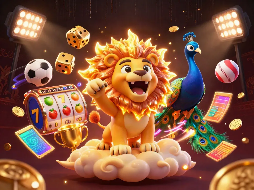 Simbol slot emas yang menyenangkan berputar di antara bintang-bintang dengan dadu besar dan singa yang ceria.