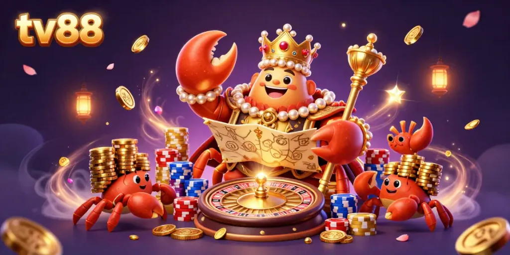 Experience luxury and excitement at tv88 with a regal crab emperor amid gold coins and games.