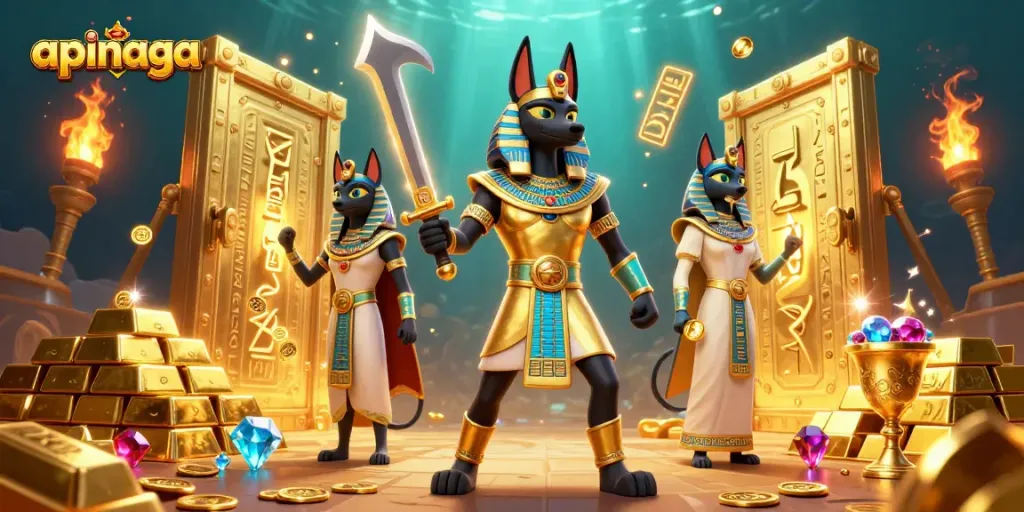 Experience apinaga action in a vibrant 3D ancient Egyptian casino scene with treasures.