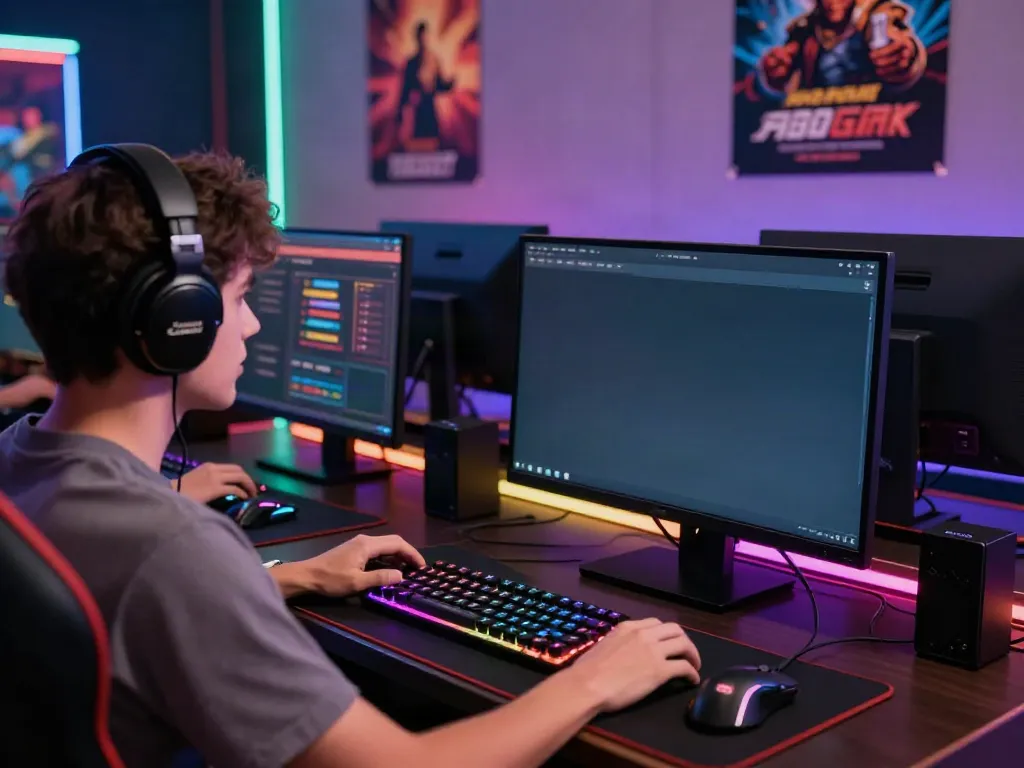 Player engaging with the a80 casino online gaming interface in a vibrant setup, focused and excited.
