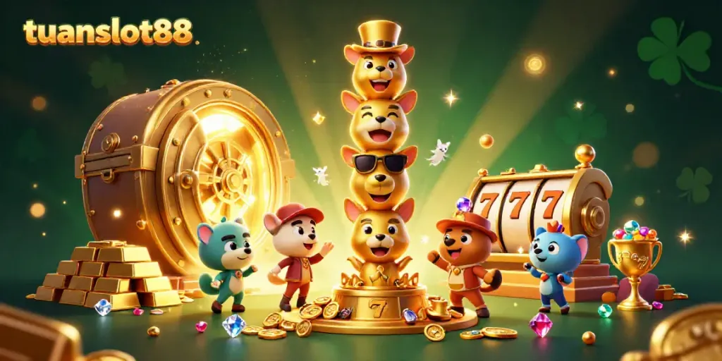 Visualisasi casino menarik dengan totem emas dan unsur slot menggoda, tuanslot88 menawarkan kemenangan.