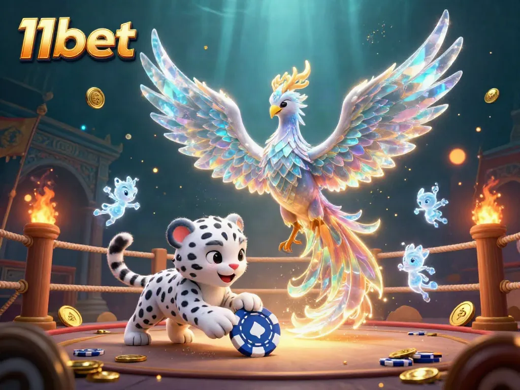 Place bets and win with 11bet in a vibrant casino world featuring an ice phoenix and playful characters.