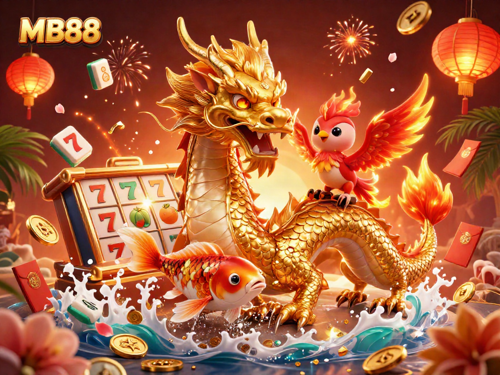 Experience thrilling gaming moments with MB88 featuring a golden dragon, phoenix, and koi fish.