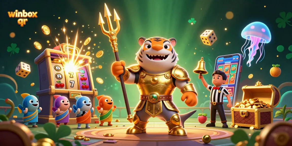 Join the fun at winbox qr with a fierce shark warrior amidst casino chaos!