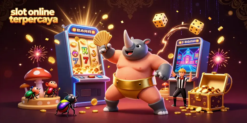 Gambaran slot online terpercaya dengan pengalaman bermain seru dan simbol keberuntungan mencuat di sekitar karakter utama.