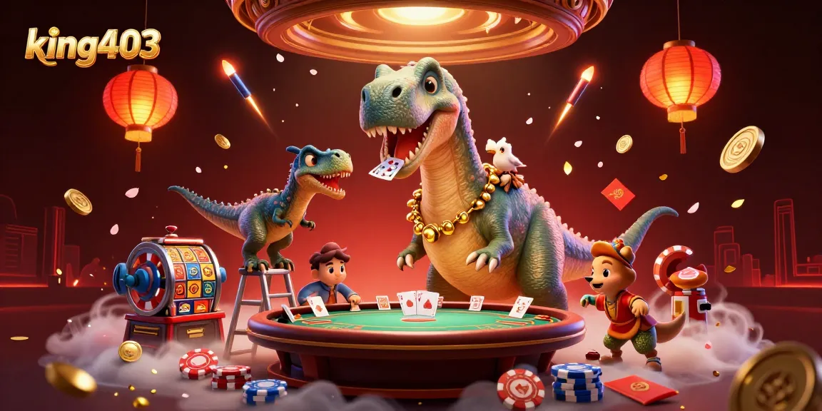 king403 showcases a lively casino scene with a playful brontosaurus and raptor dealing cards.