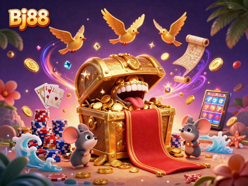 Engage with Bj88's dazzling casino world, featuring treasure chests, coins, and vibrant gaming elements.