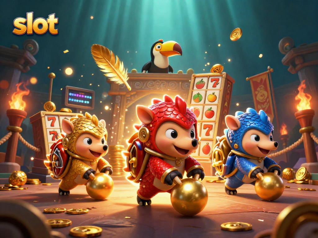 Rival pangolins bermain slot, menggulirkan bola emas di arena judi yang meriah.