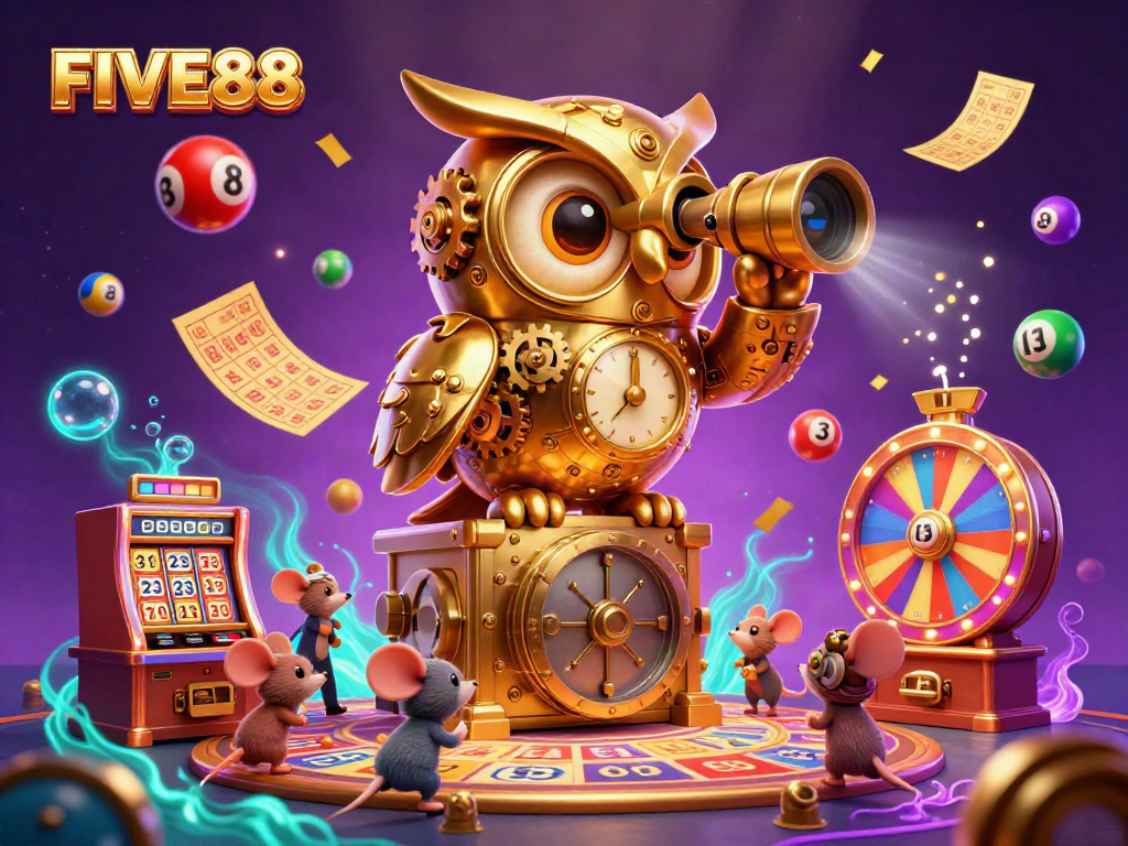 Experience excitement at FIVE88 casino with a vibrant 3D illustration capturing thrilling gaming elements and dynamic action.