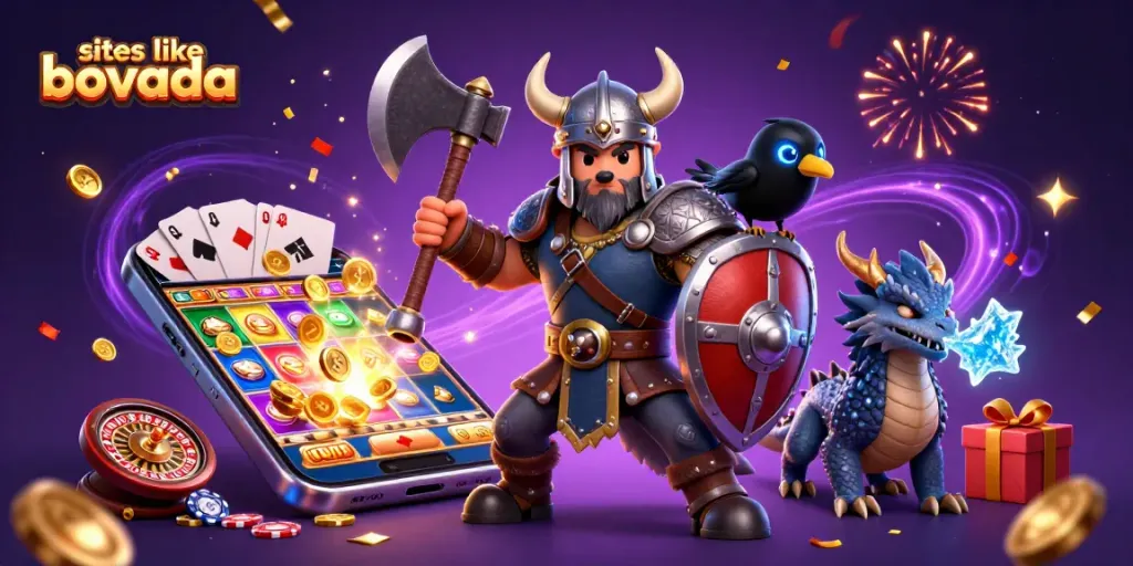 Experience thrilling gaming with sites like Bovada featuring a Viking warrior, dragon, and animated casino elements.