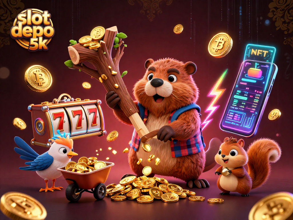 Experience excitement with slot depo 5k, featuring a lively casino scene with cartoon characters collecting golden coins.