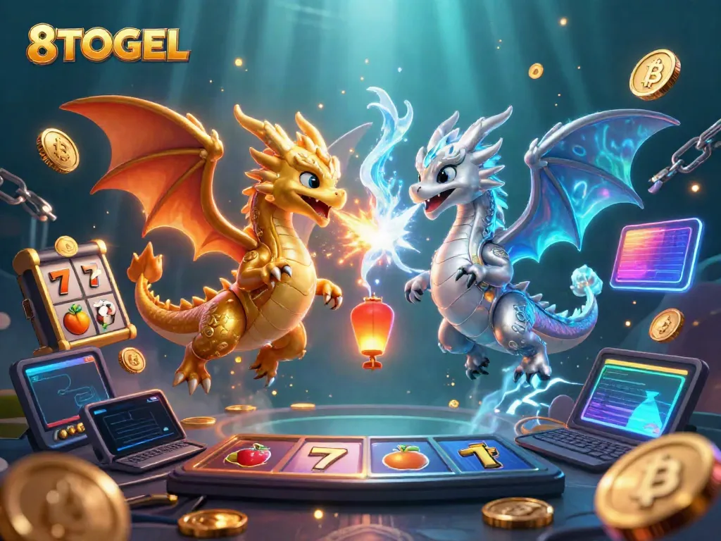 Experience thrilling game action at 8TOGEL with golden and silver dragons amidst vibrant slot elements.