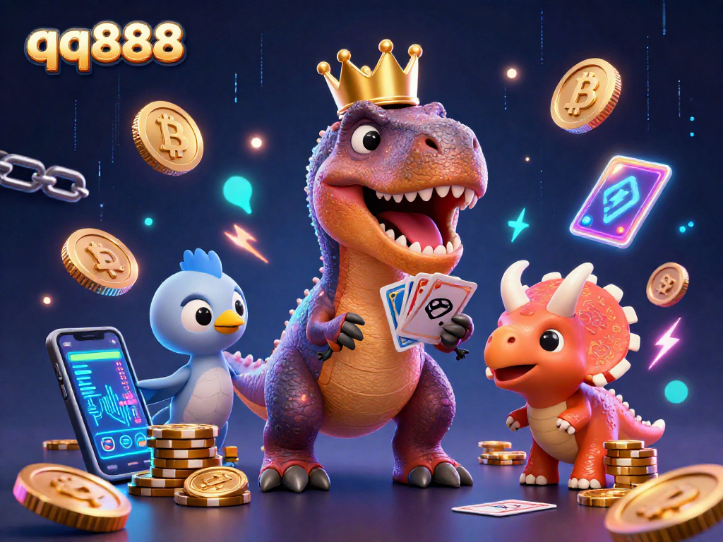 Experience the excitement of qq888 gaming with a vibrant scene featuring dinosaur characters shuffling cards amidst crypto elements and glowing coins.