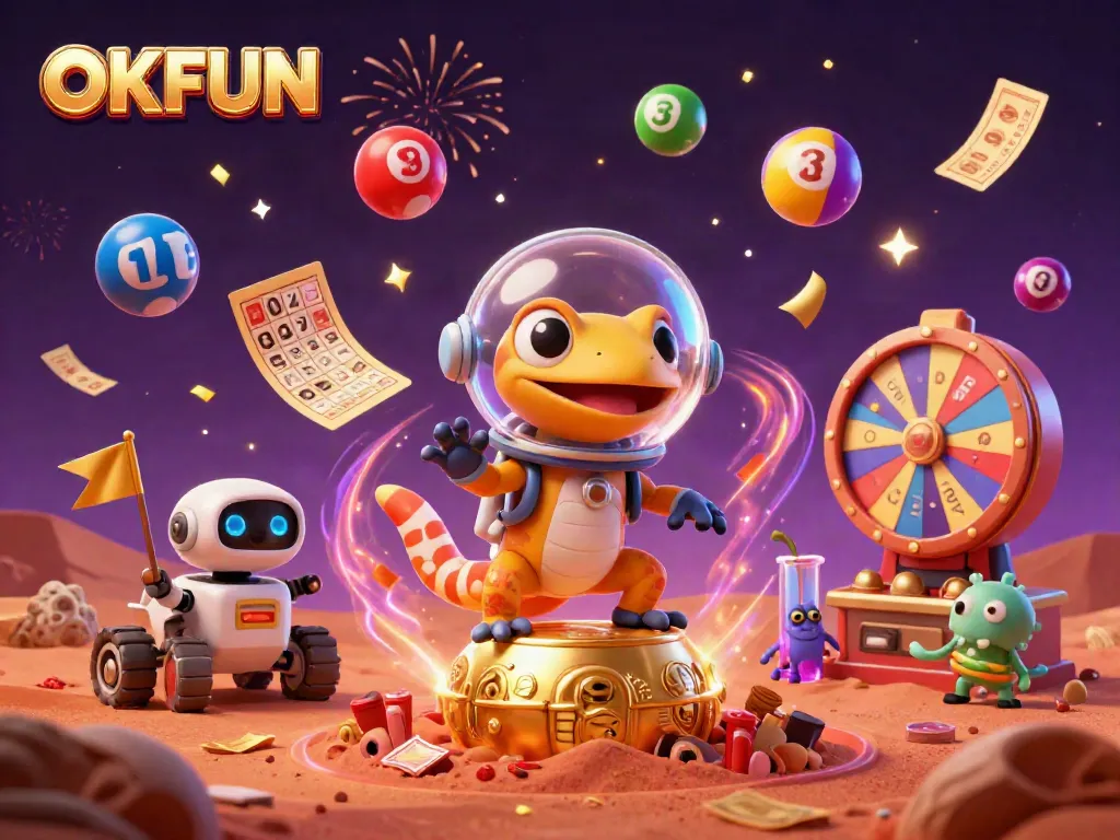 Engage with OKFUN as a Martian gecko discovers a golden casino in a vibrant 3D scene filled with exciting gaming elements.